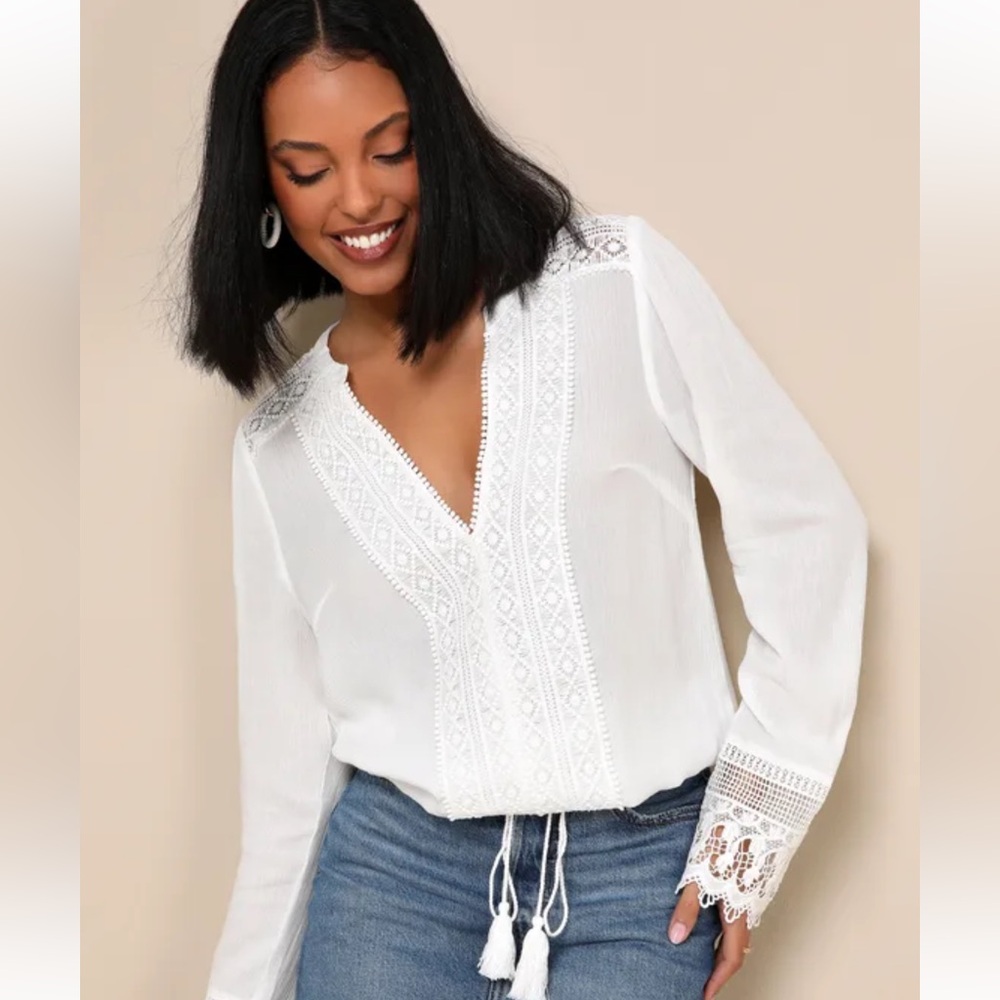 Lulus Bali Daydream White Lace Long Sleeve Top